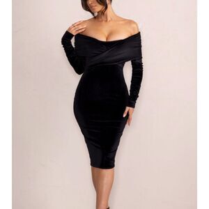 CLUB L Flatter Me Velvet Bardot Midi Dress Black NWT‎ (UK 8) US 4